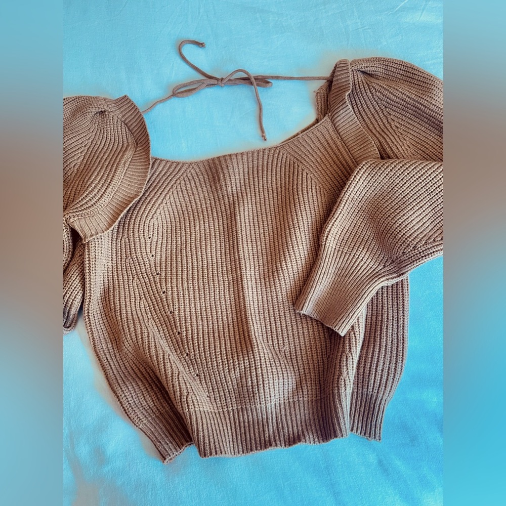 Caramel sweater. Tie back. Pointelle details. Size M. Never worn